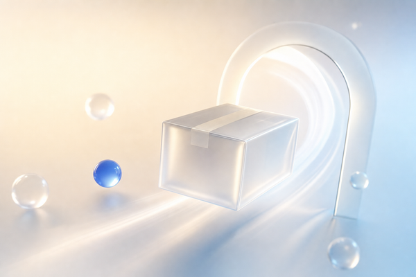 Premium 3D render of a sealed translucent frosted parcel gliding through a soft luminous archway of light, frictionless customs clearance concept with a cool blue accent sphere