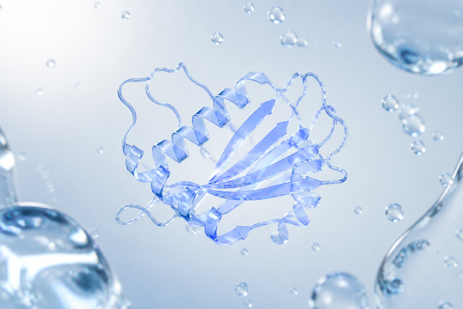 Single translucent protein ribbon in cool-blue serum representing EGF
