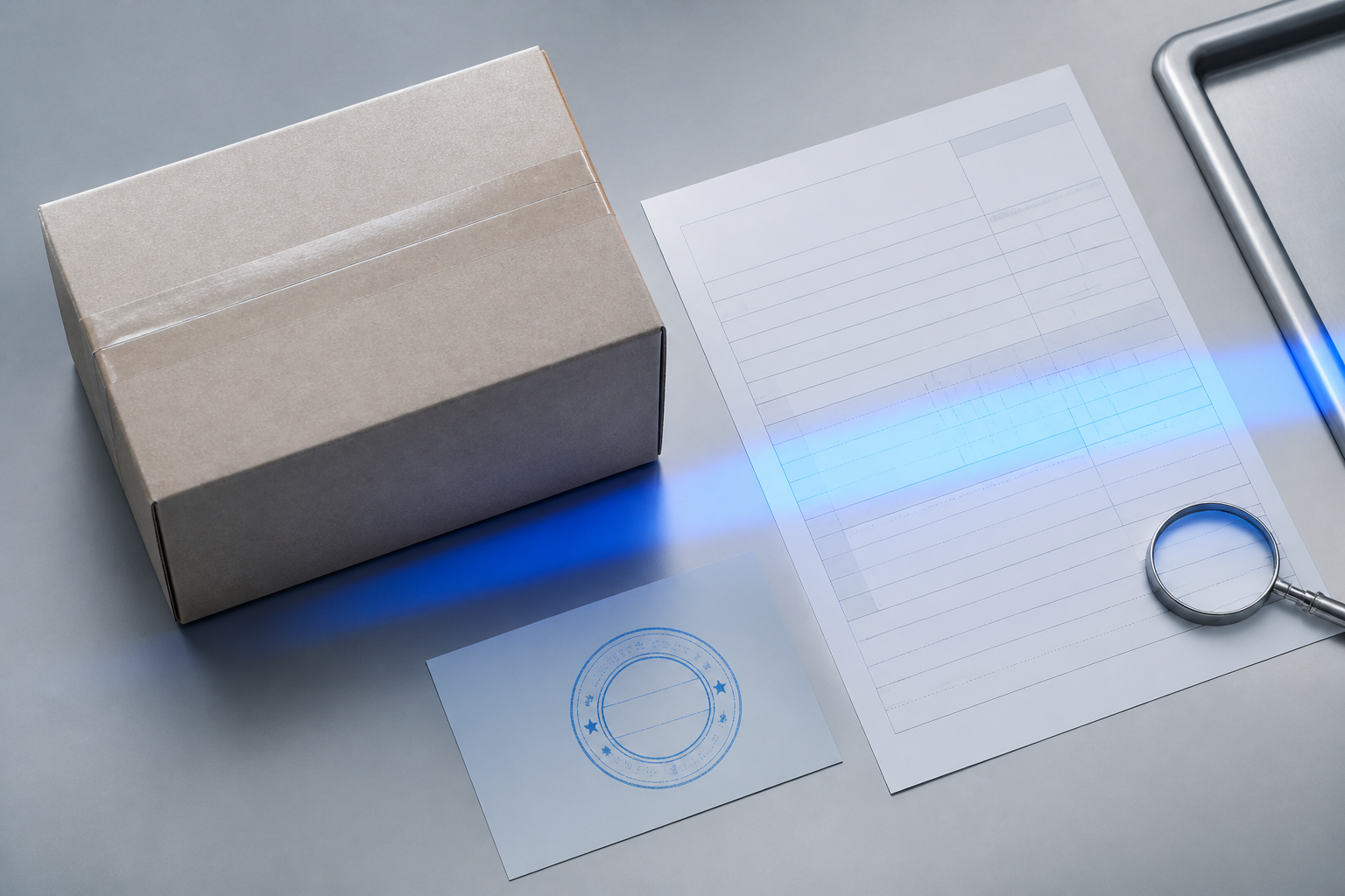 A plain parcel beside a customs declaration form and a clearance stamp on an inspection surface