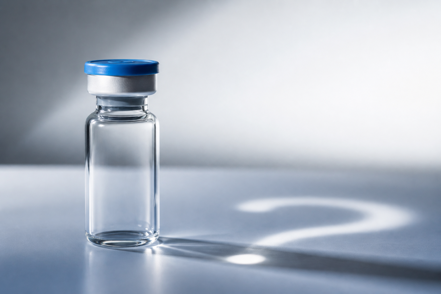 A single unlabeled clear vial with a question of unknown contents, on a cool neutral surface