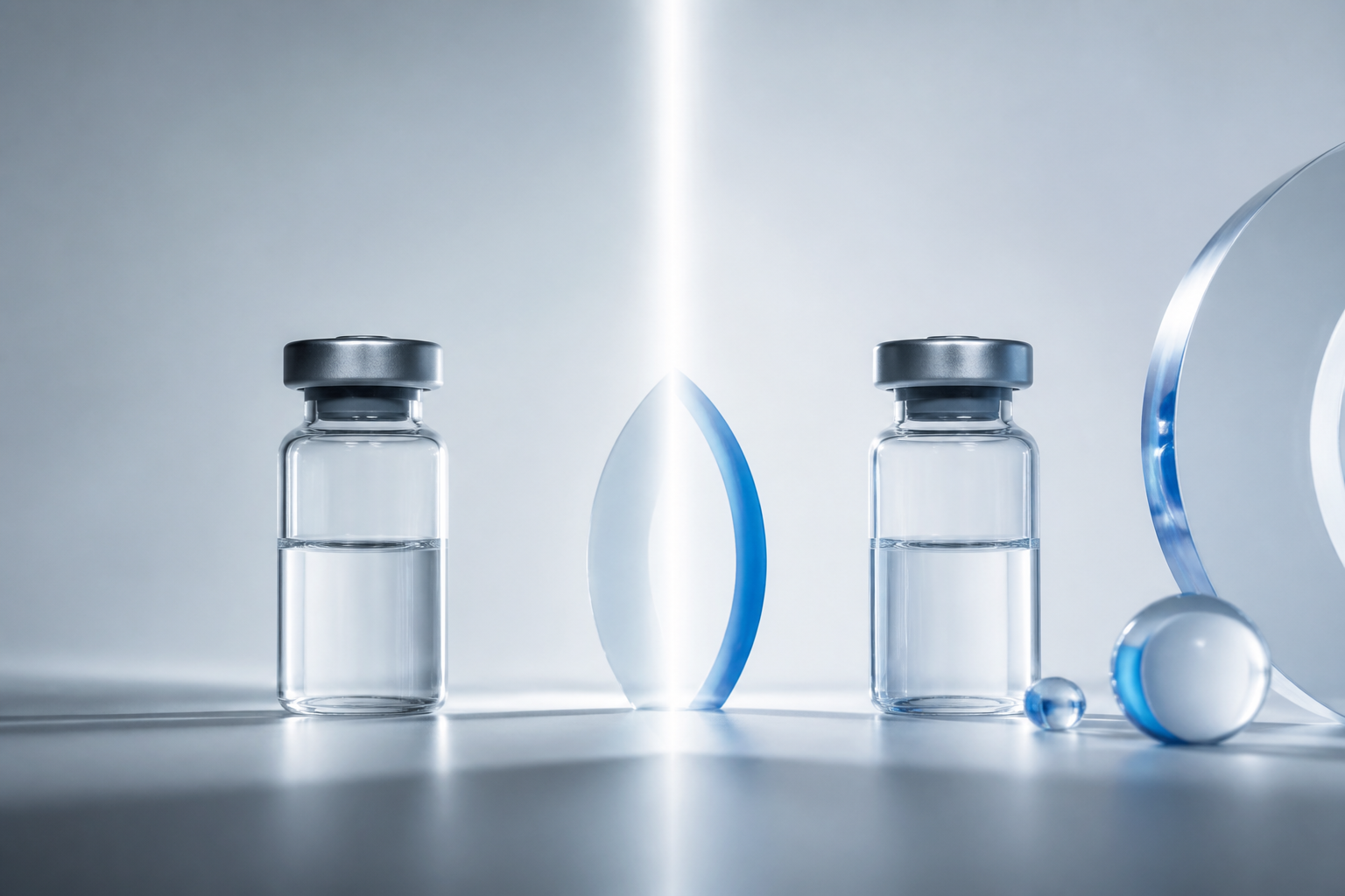 Two identical vials on a neutral surface with a subtle balance motif, evoking price versus value in PDRN and PN