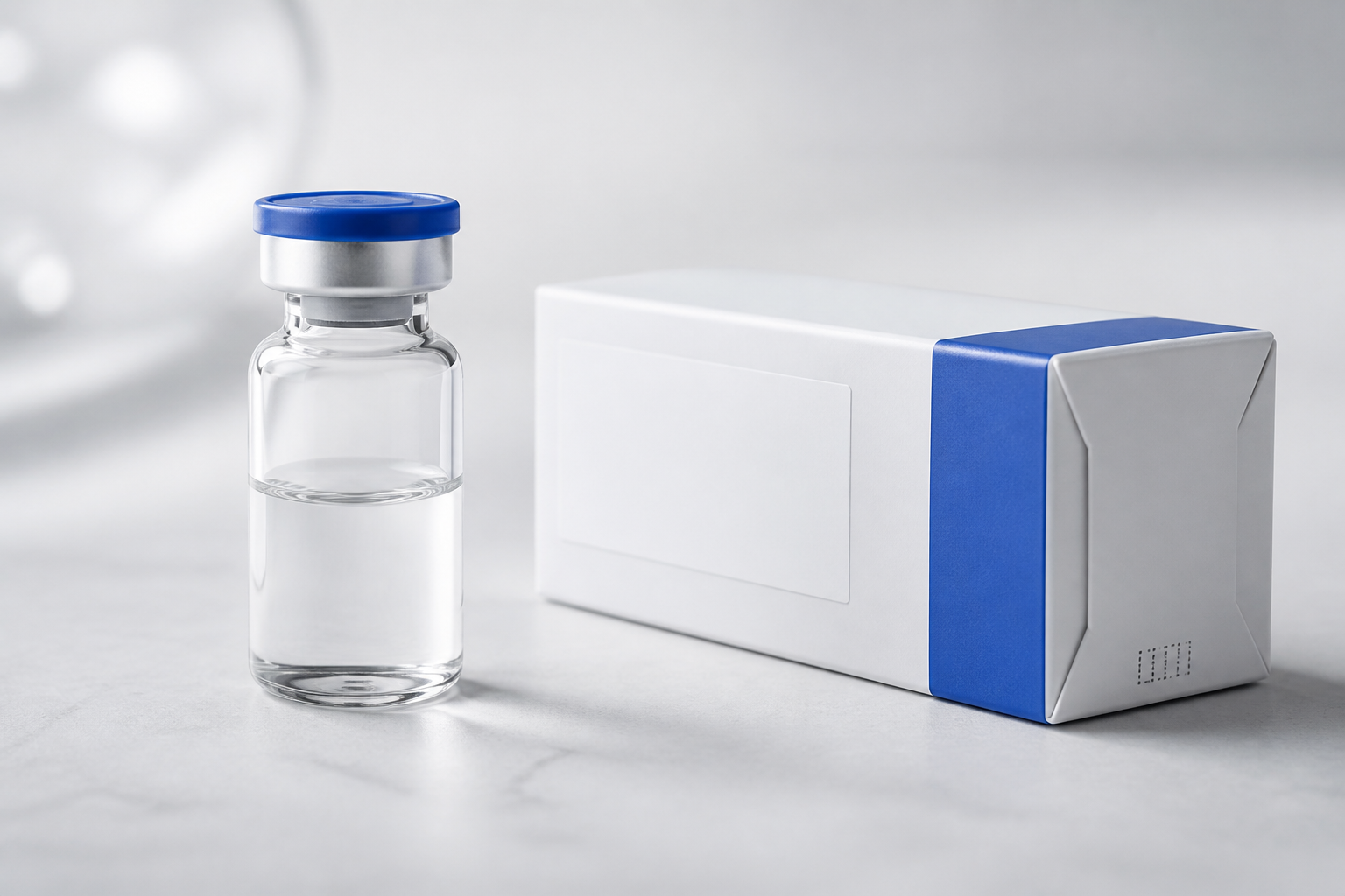 Clean unlabeled injectable vial and carton with a machine-code strip, editorial still life