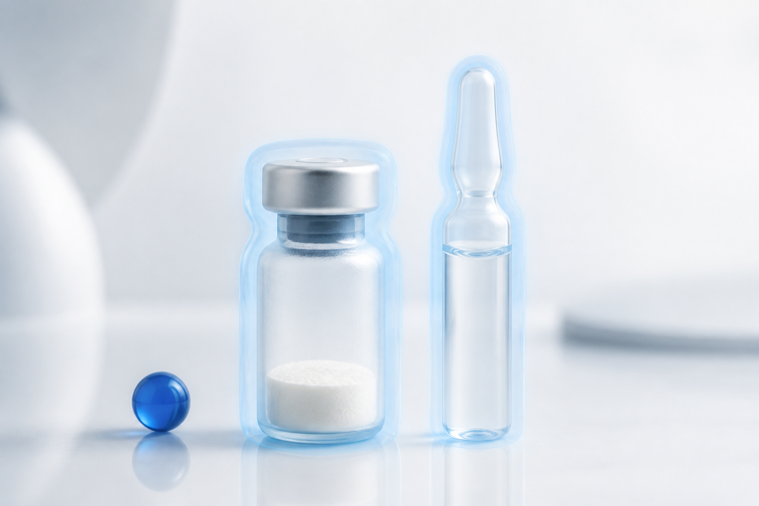 A freeze-dried powder vial and a liquid ampoule side by side, both wrapped in a cool-blue protective glow