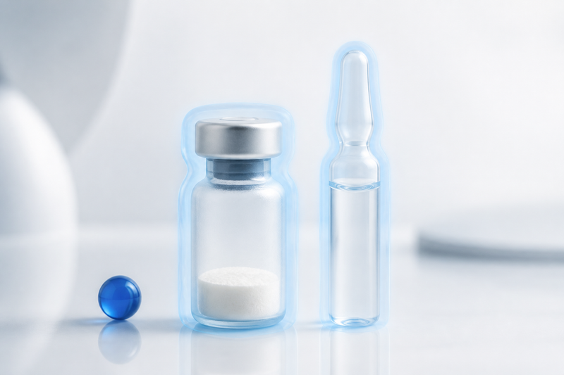 A freeze-dried powder vial and a liquid ampoule side by side, both wrapped in a cool-blue protective glow
