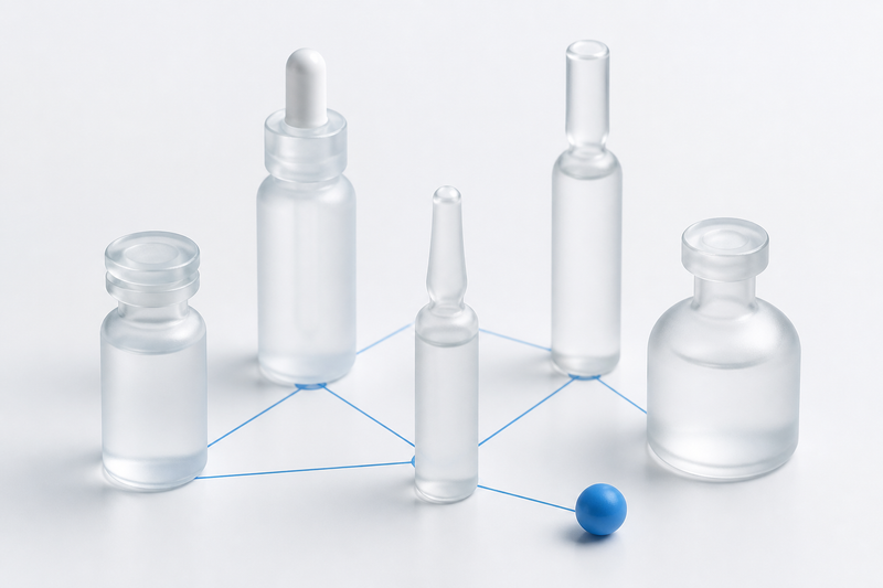 Five translucent vials and ampoules connected by fine blue lines like a family map, with a blue accent sphere