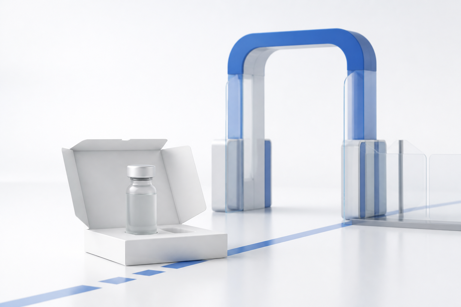 A vial in a parcel before a cool-blue checkpoint archway, illustrating a border crossing into the UK and EU