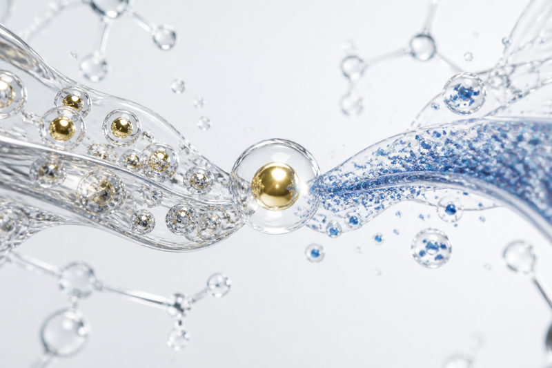 Abstract render of two translucent liquid streams meeting, one carrying gold-cored glass spheres and one carrying cool blue particles