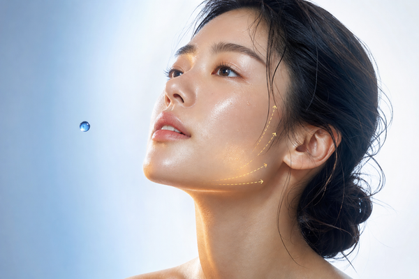 Bright editorial side profile with a single set of golden lifting arrows along the jawline, dewy skin and a small blue sphere accent