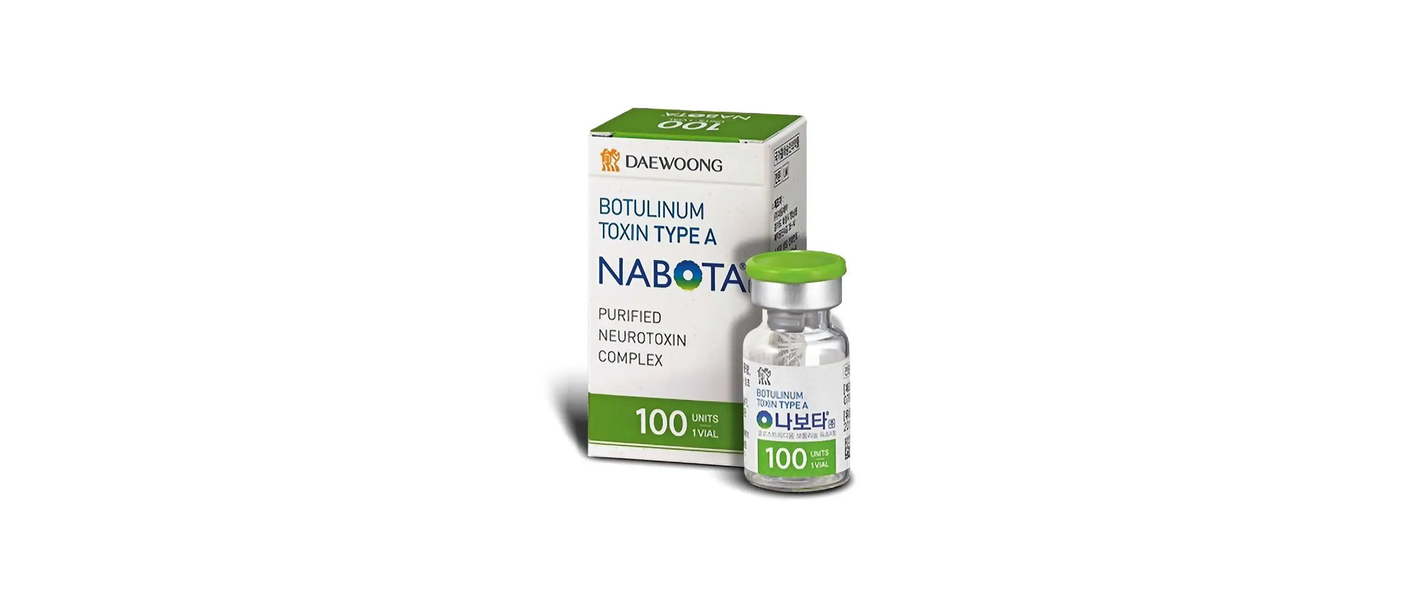 NABOTA 100 Units, a Korean botulinum toxin type A vial and carton, on a wide white banner