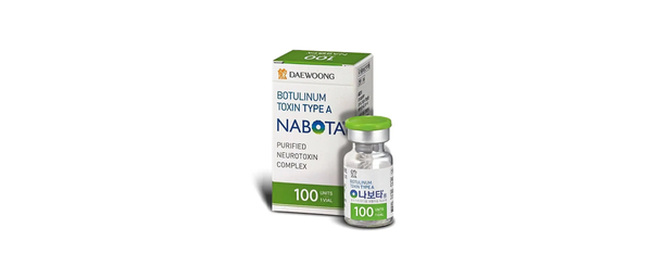 NABOTA 100 Units, a Korean botulinum toxin type A vial and carton, on a wide white banner