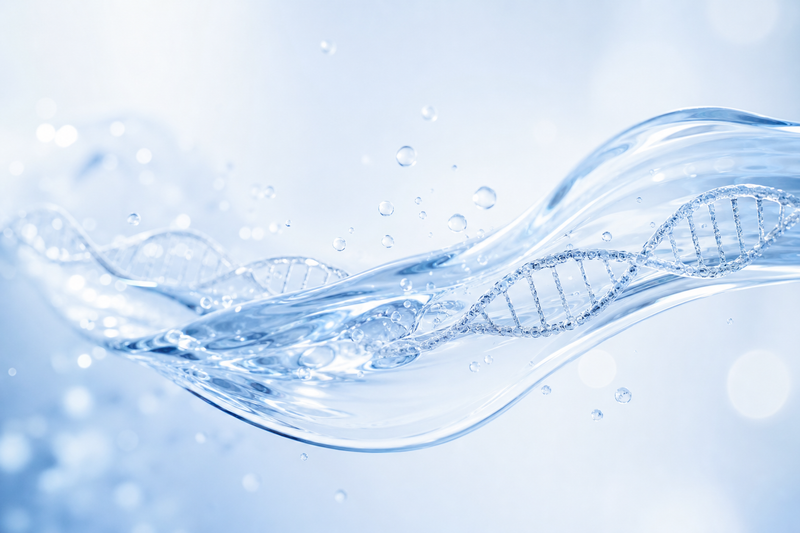 Clear blue skin-booster serum with a translucent DNA double-helix motif — PDRN