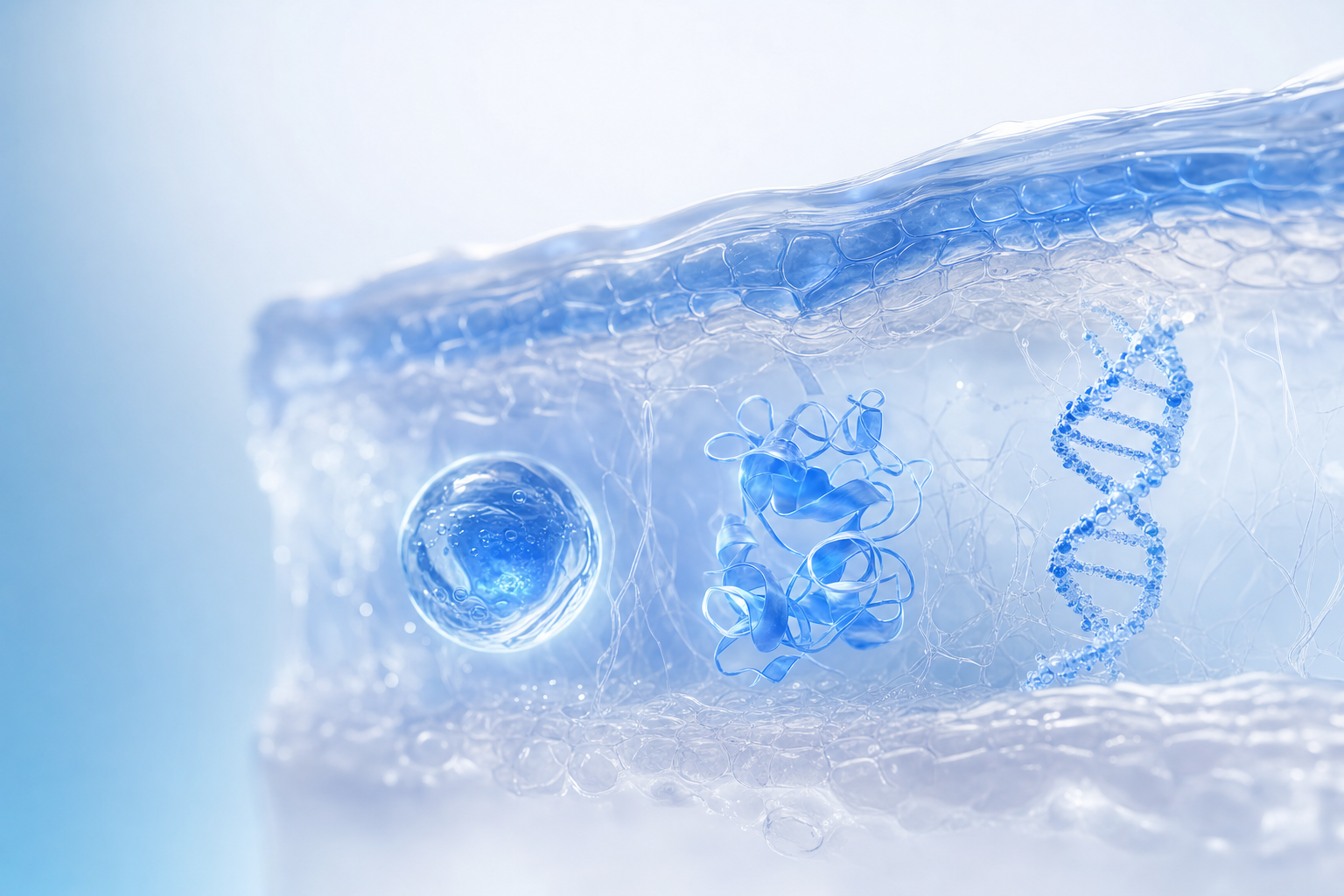 Translucent 3D skin cross-section holding three distinct luminous regeneration nodes: a vesicle sphere, a protein ribbon, and a DNA helix fragment, in cool blue