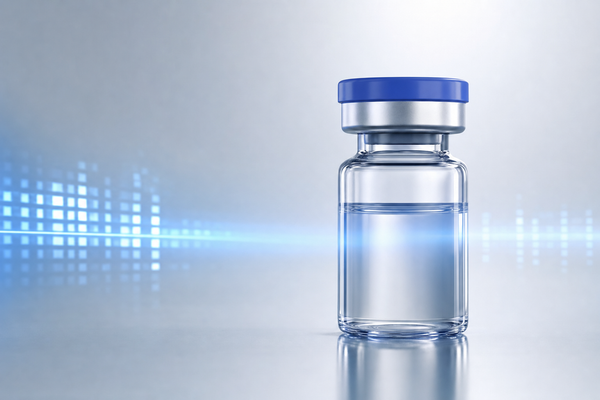 A sealed pharmaceutical vial with an intact flip-off cap and crimped seal, with a cool blue authentication and serialization light motif