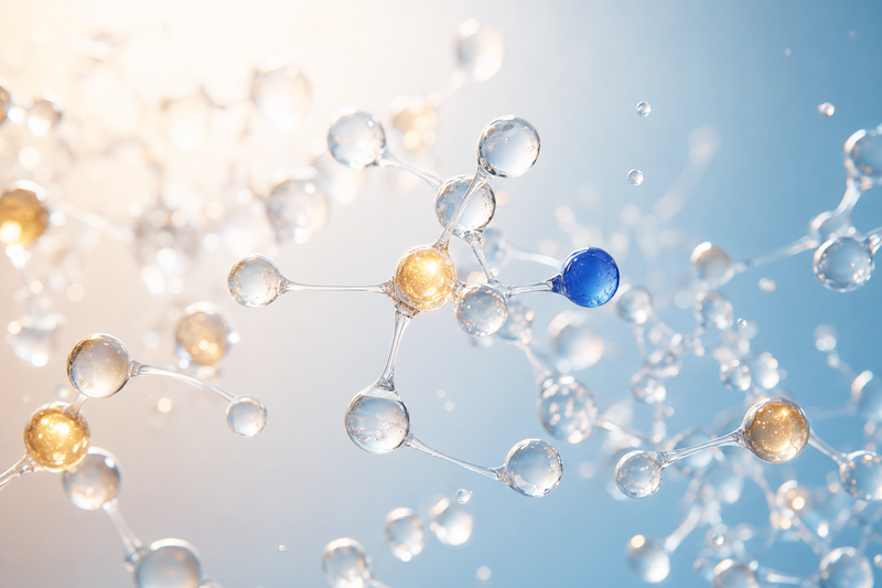 Premium 3D molecular lattice of translucent glass spheres connected by fine bonds, some with warm gold cores, representing distinct biostimulator particle types
