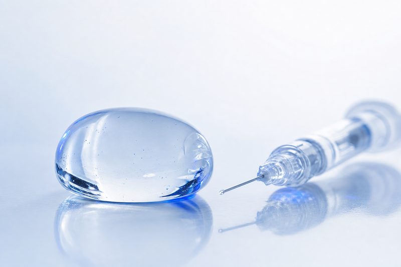 A cohesive translucent hyaluronic acid filler gel beside a fine clear pre-filled syringe