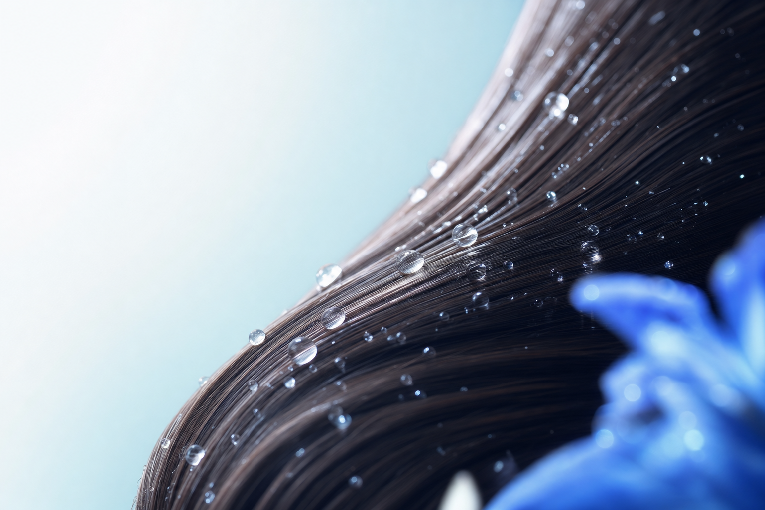 Editorial macro of healthy glossy hair strands with fine cool water droplets and a fresh dewy sheen