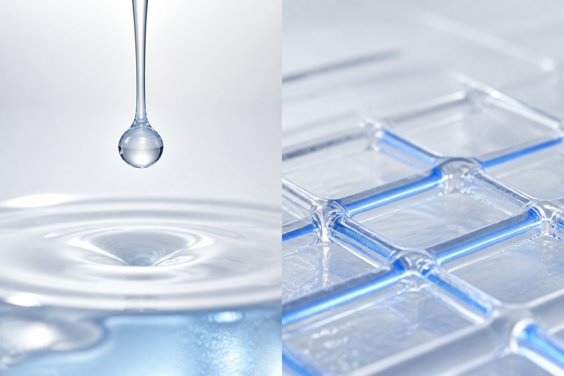 Abstract split visual of a serum droplet entering a gel surface beside a grid of fine channels, contrasting mesotherapy and microneedling
