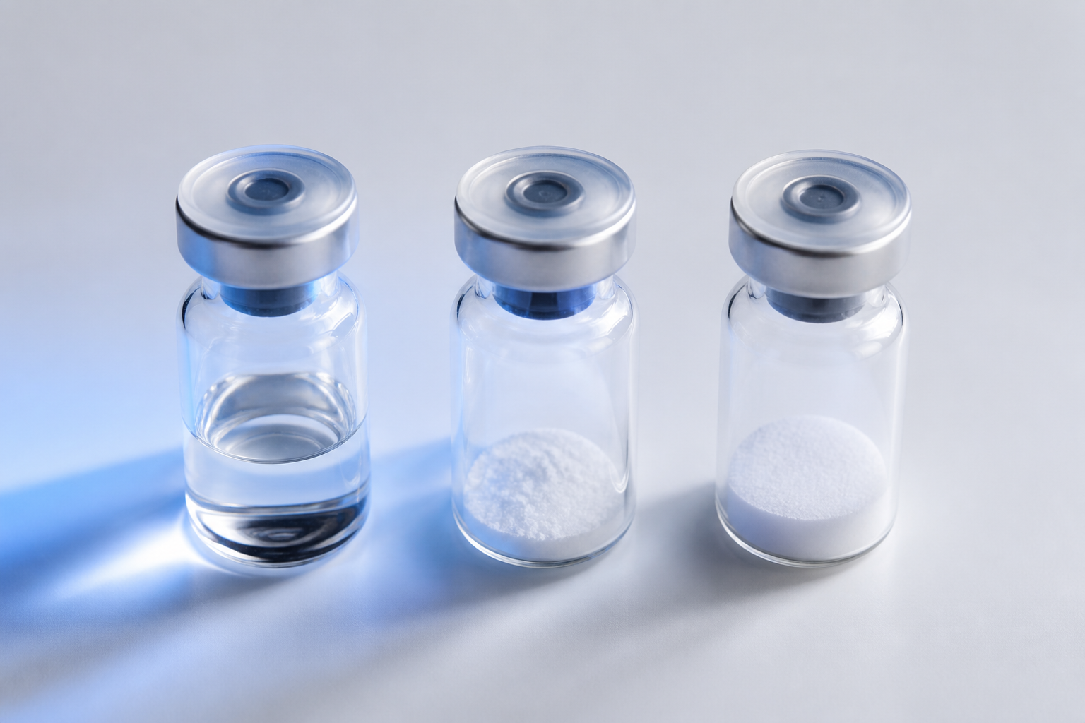 Three unlabeled vials, one liquid and two powder, arranged as a neutral comparison of botulinum toxin forms