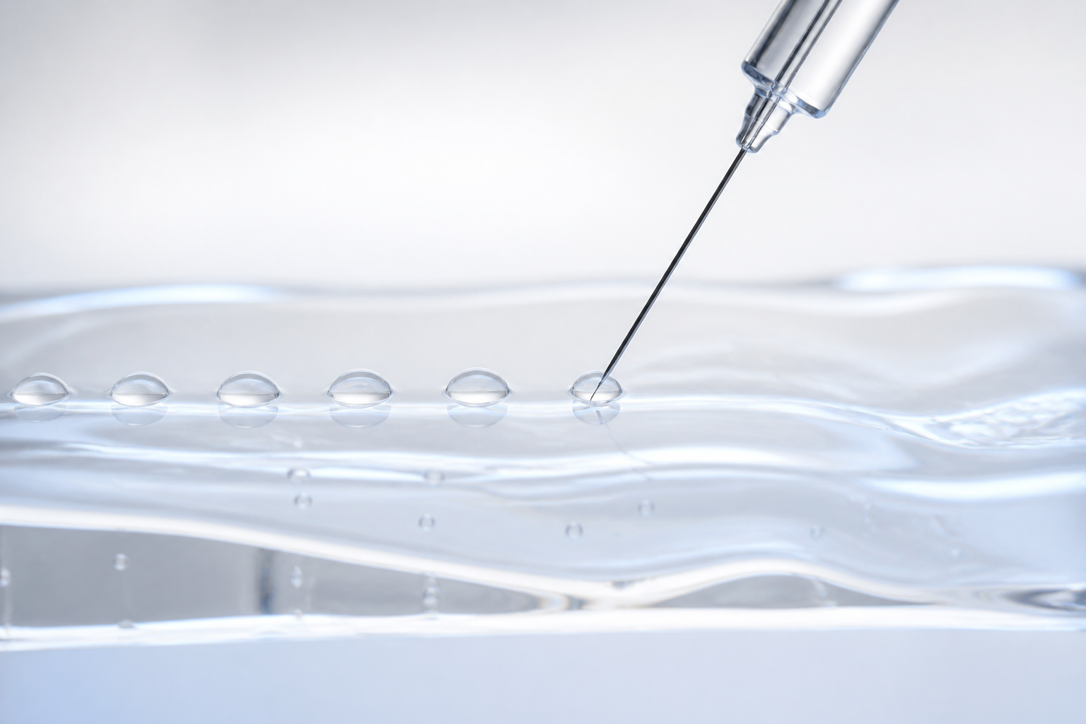 A fine needle depositing small even micro-deposits into a translucent gel surface, illustrating mesotherapy as a technique