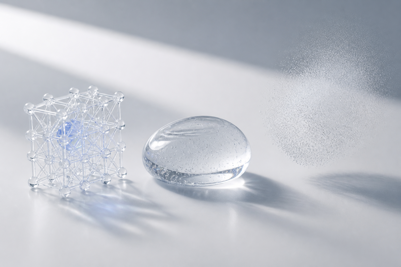 Abstract editorial still life of three translucent forms representing three injectable mechanisms