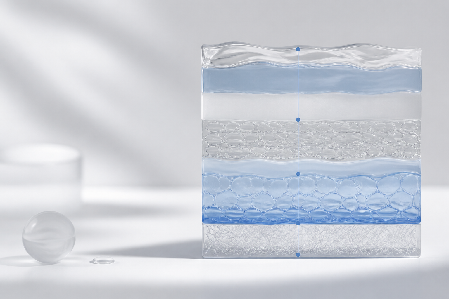 Abstract cross-section of layered skin strata with a depth marker, clinical still life