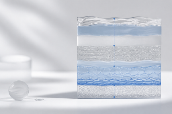 Abstract cross-section of layered skin strata with a depth marker, clinical still life