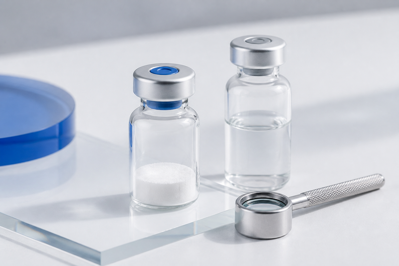 Freeze-dried powder vial beside a clear solvent vial with an inspection loupe, clinical still life