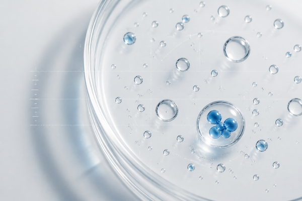 Tiny vesicle-like spheres of varying sizes suspended in a clear medium, abstract scientific still life
