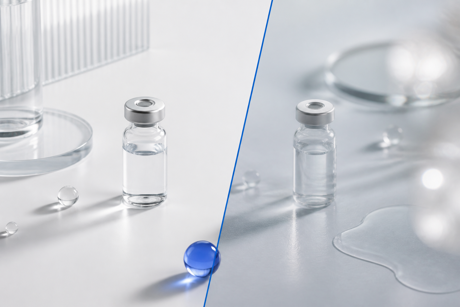 Two similar vials separated by a dividing line, abstract still life