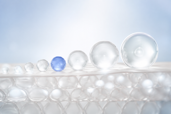 Abstract clinical key visual: translucent gel spheres of graduated size over a soft cross-section of skin-surface cells, one cool-blue accent sphere, representing dermal filler longevity by family