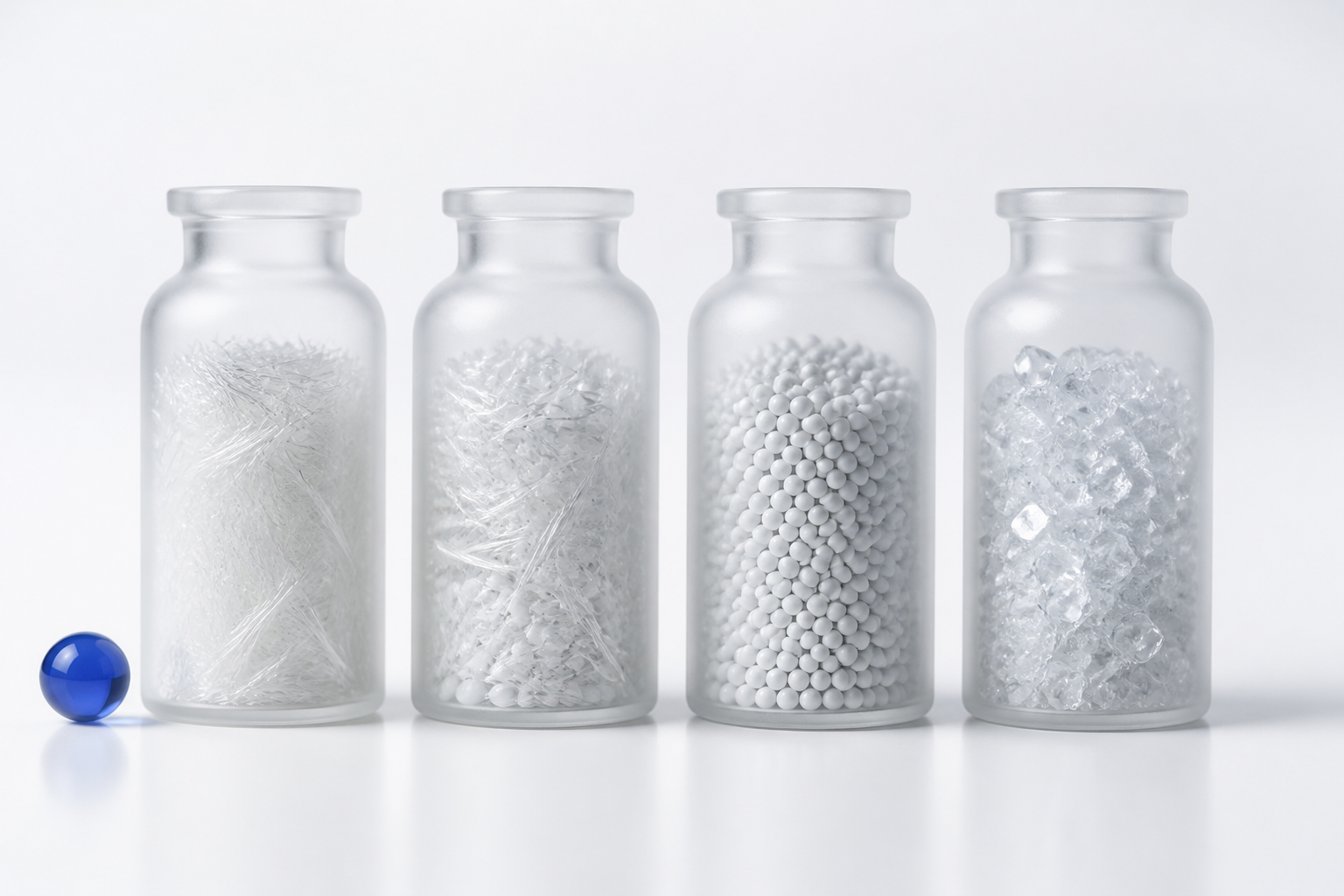 Four frosted vials holding different biostimulator materials side by side with a blue accent sphere
