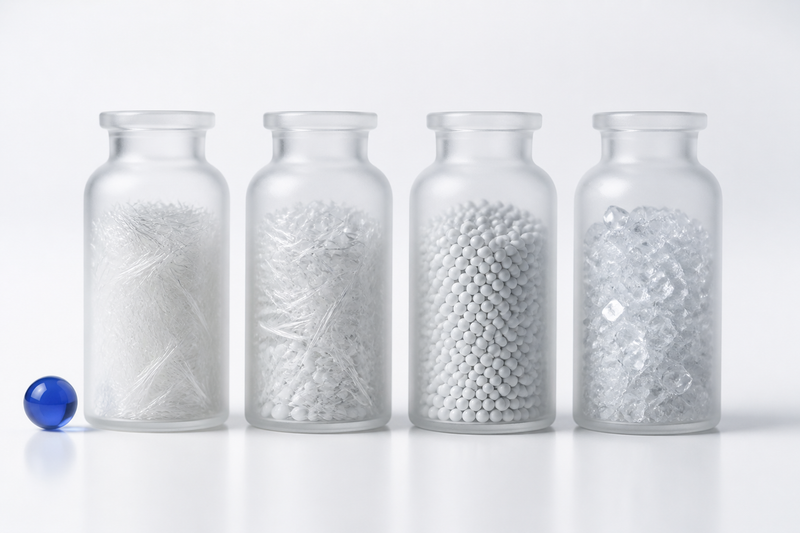 Four frosted vials holding different biostimulator materials side by side with a blue accent sphere