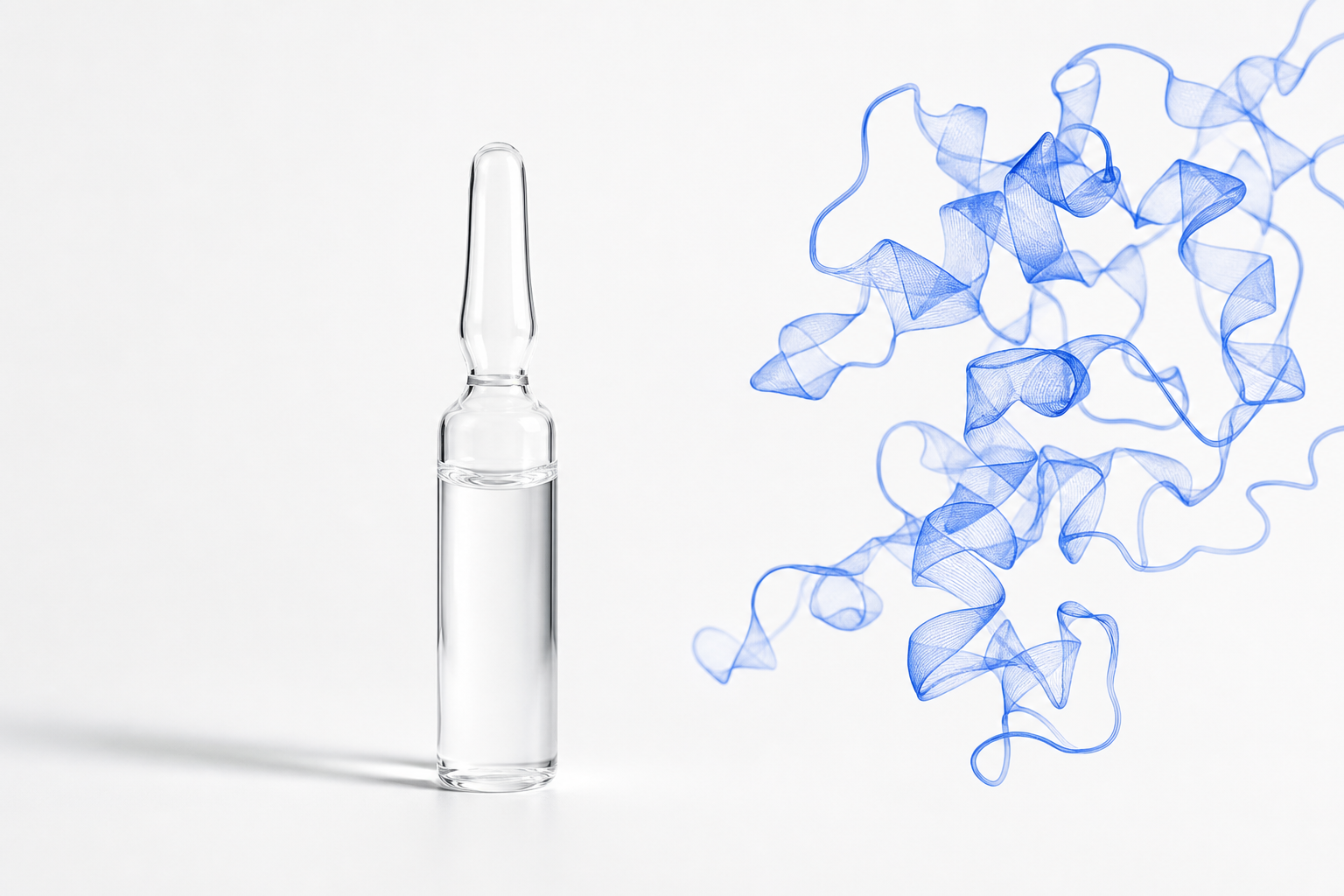 Epidermal growth factor ingredient key visual: clear glass ampoule with abstract blue peptide ribbon on white