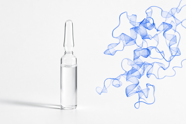 Epidermal growth factor ingredient key visual: clear glass ampoule with abstract blue peptide ribbon on white