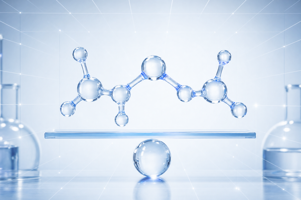 Translucent tripeptide molecule balanced on a glass scale against a scientific grid, editorial keyvisual