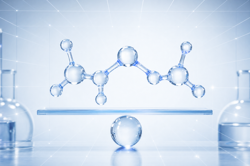 Translucent tripeptide molecule balanced on a glass scale against a scientific grid, editorial keyvisual
