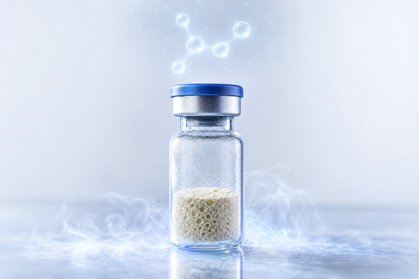 A clear glass injection vial holding a dry freeze-dried glutathione cake, with cool cryo-mist and a faint tripeptide molecule above