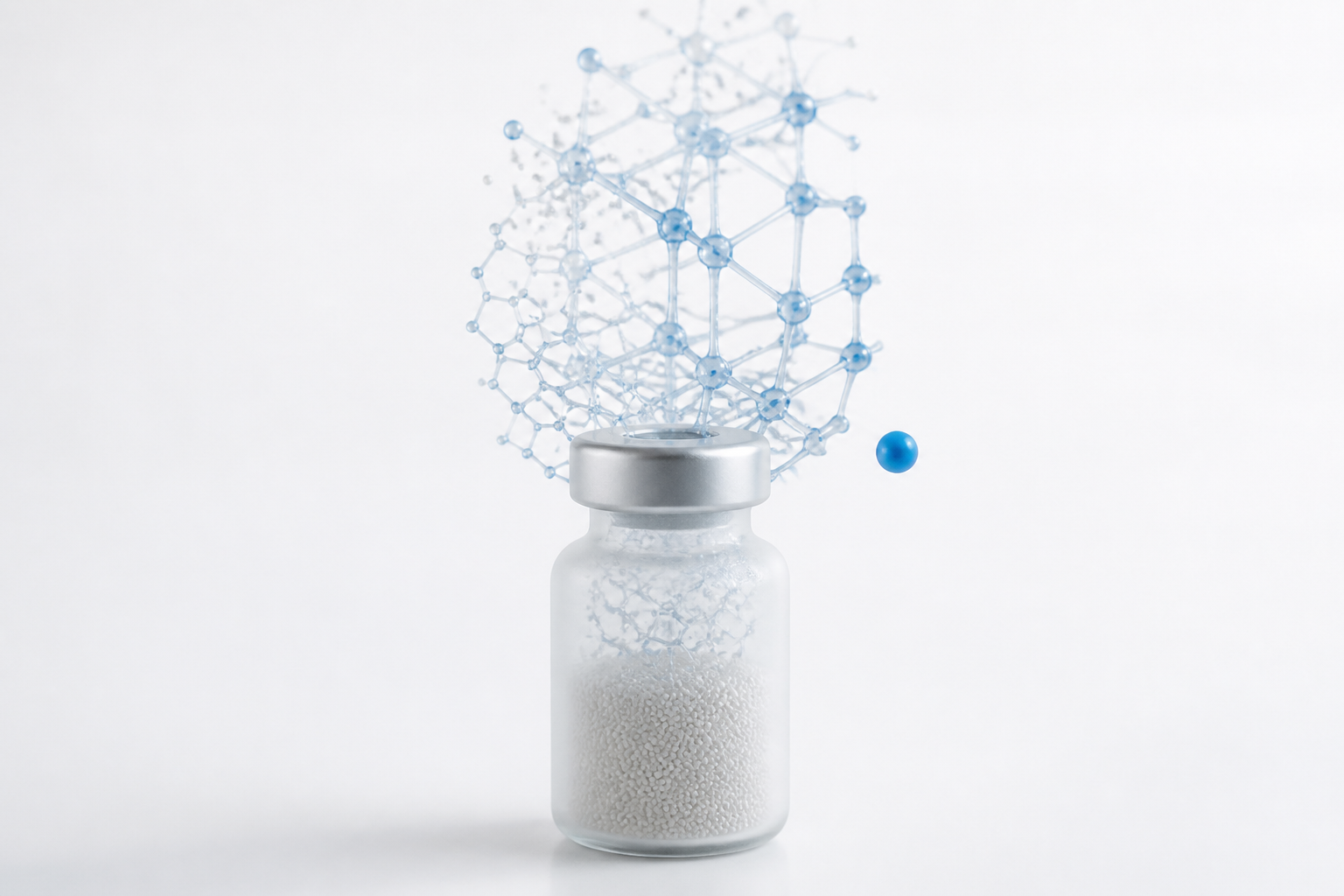 A translucent vial of fine microspheres with a blue lattice scaffold forming above it
