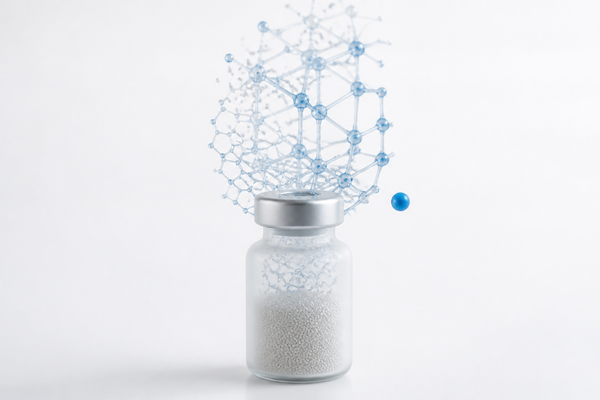 A translucent vial of fine microspheres with a blue lattice scaffold forming above it