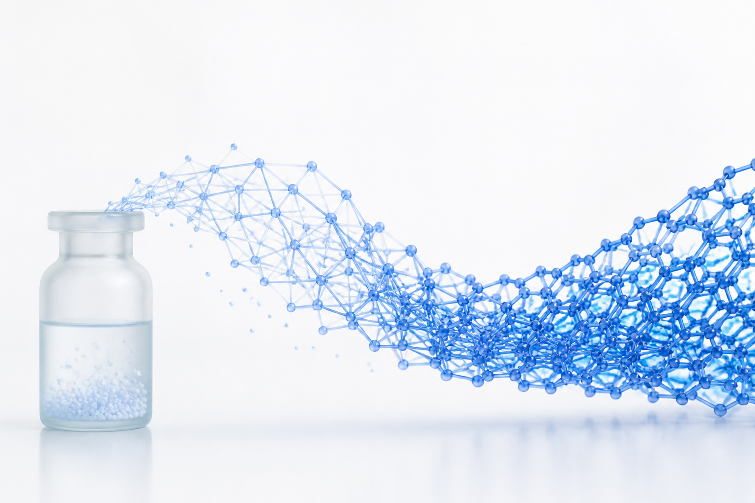 A frosted vial of microspheres feeding a growing cool-blue lattice, illustrating PLLA collagen stimulation