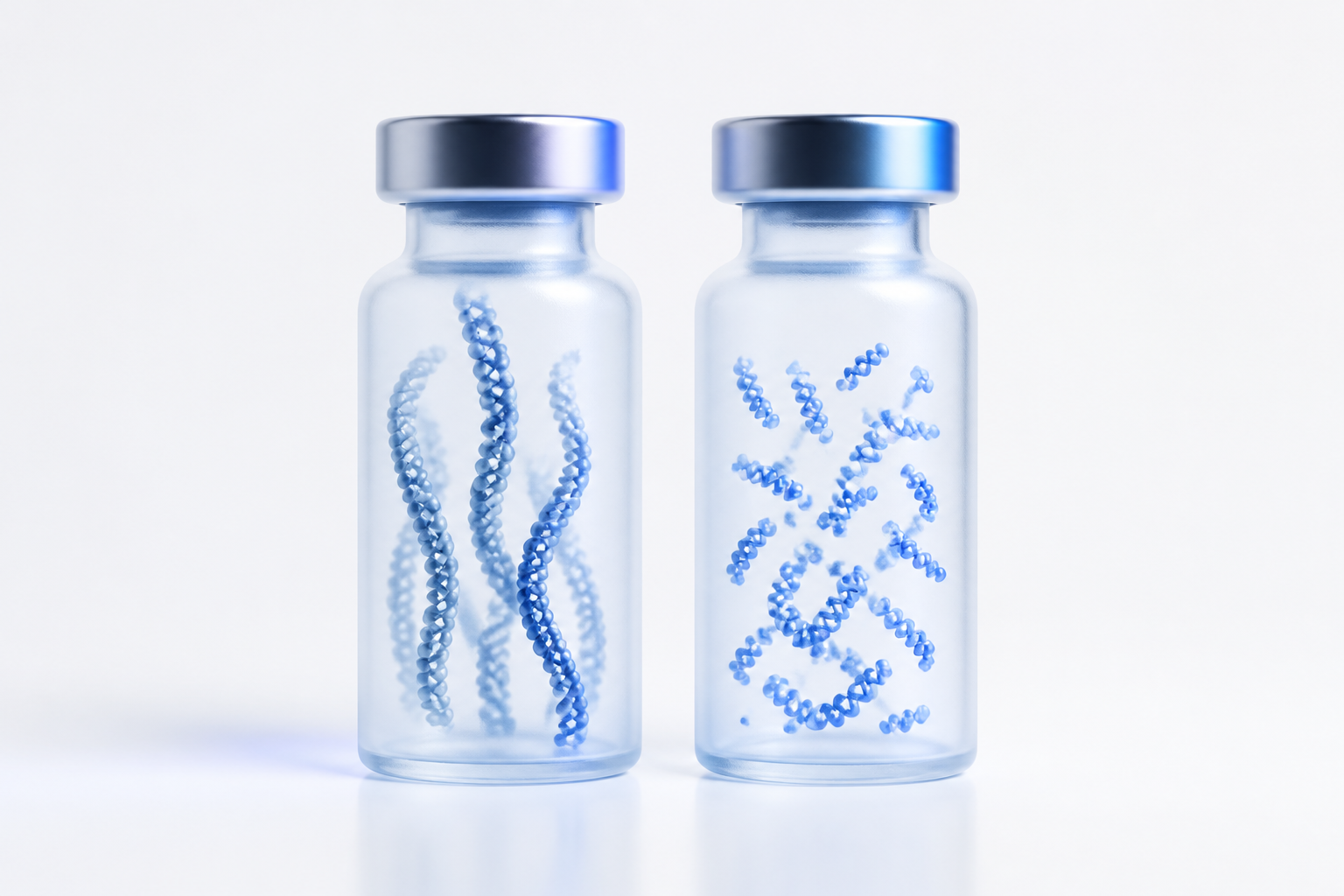 Two vials compared, one with long intact blue strands and one with short fragments, showing molecular weight