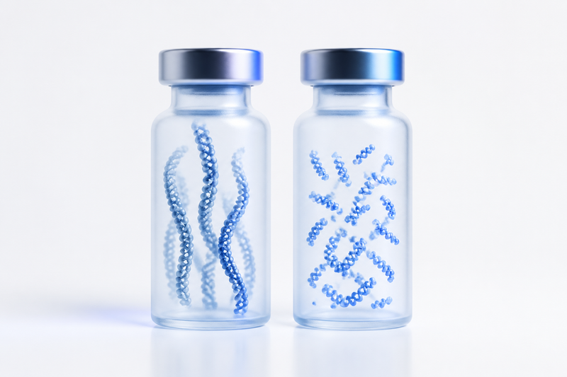 Two vials compared, one with long intact blue strands and one with short fragments, showing molecular weight