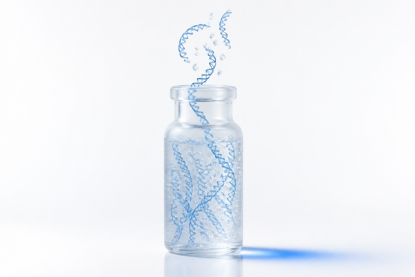 A frosted vial of clear gel with fine cool-blue helical strands, representing a polynucleotide injectable