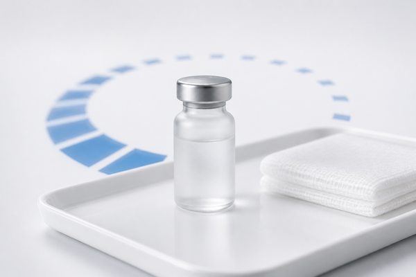 A prepared white tray with a sealed vial and folded gauze, with a cool-blue countdown arc