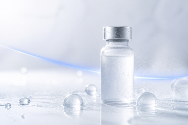 A frosted vial among crisp water droplets in cool light, evoking skin barrier and hydration