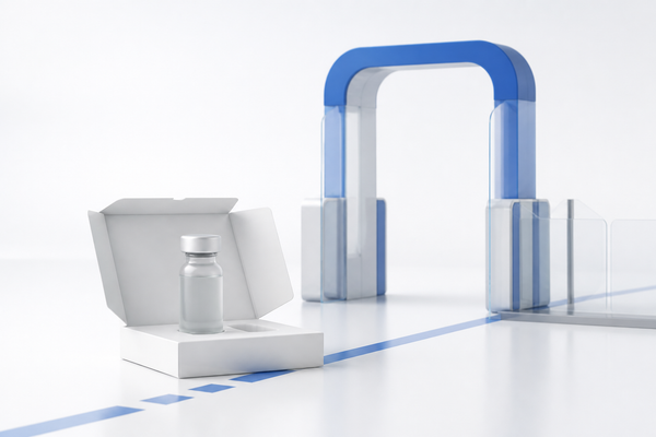 A vial in a parcel before a cool-blue checkpoint archway, illustrating a border crossing into the UK and EU