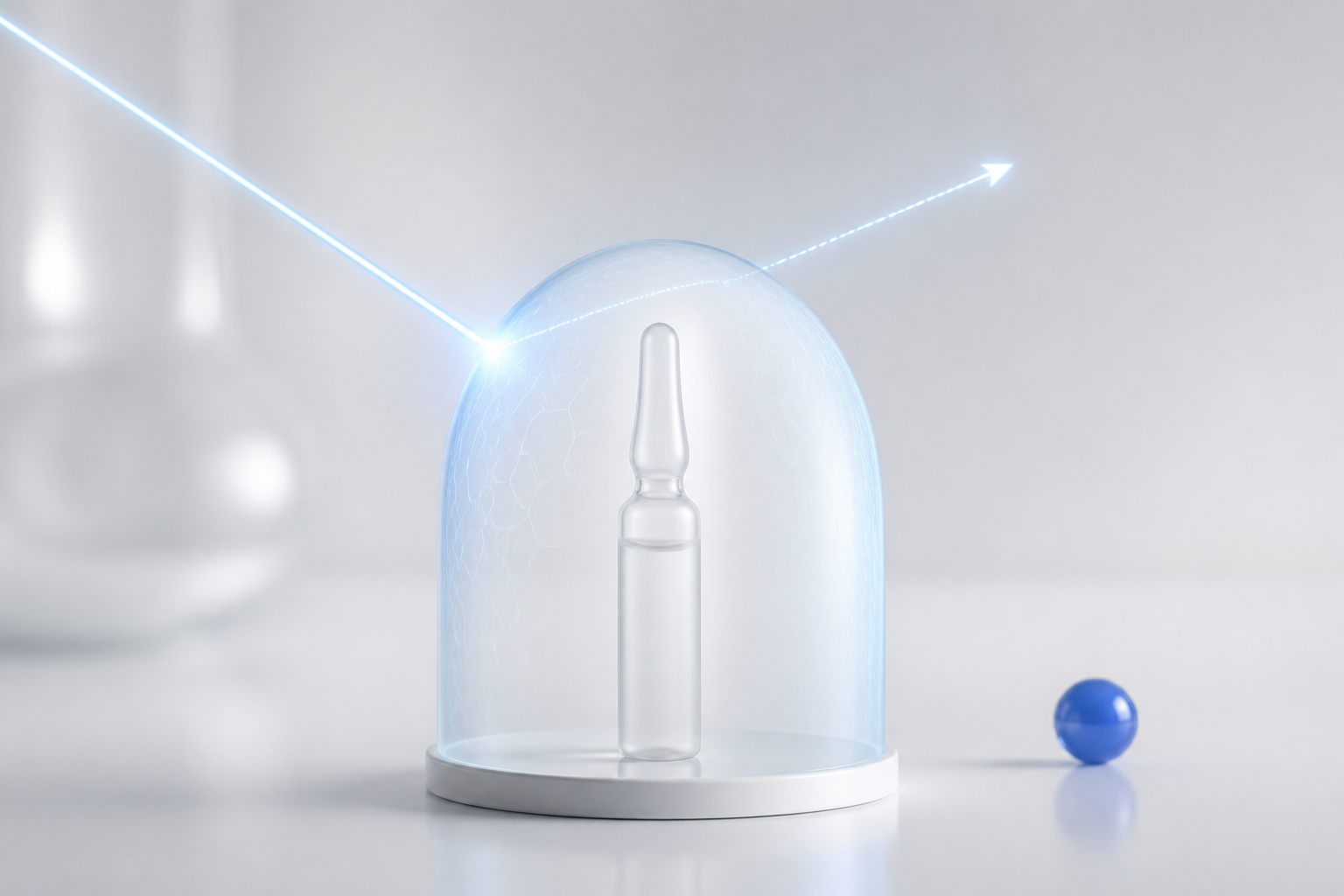 A sealed translucent ampoule sheltered under a cool-blue protective dome, with a light ray deflected away