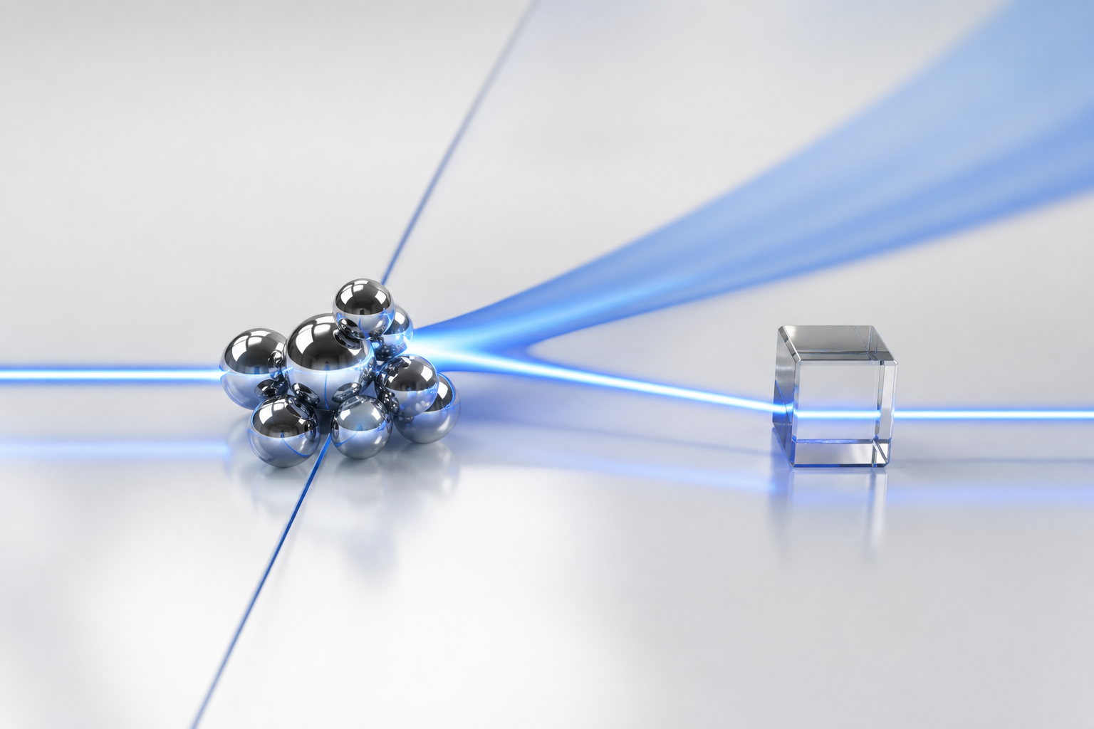 Abstract render of a blue light path splitting into two diverging routes past a cluster of chrome spheres and a glass cube