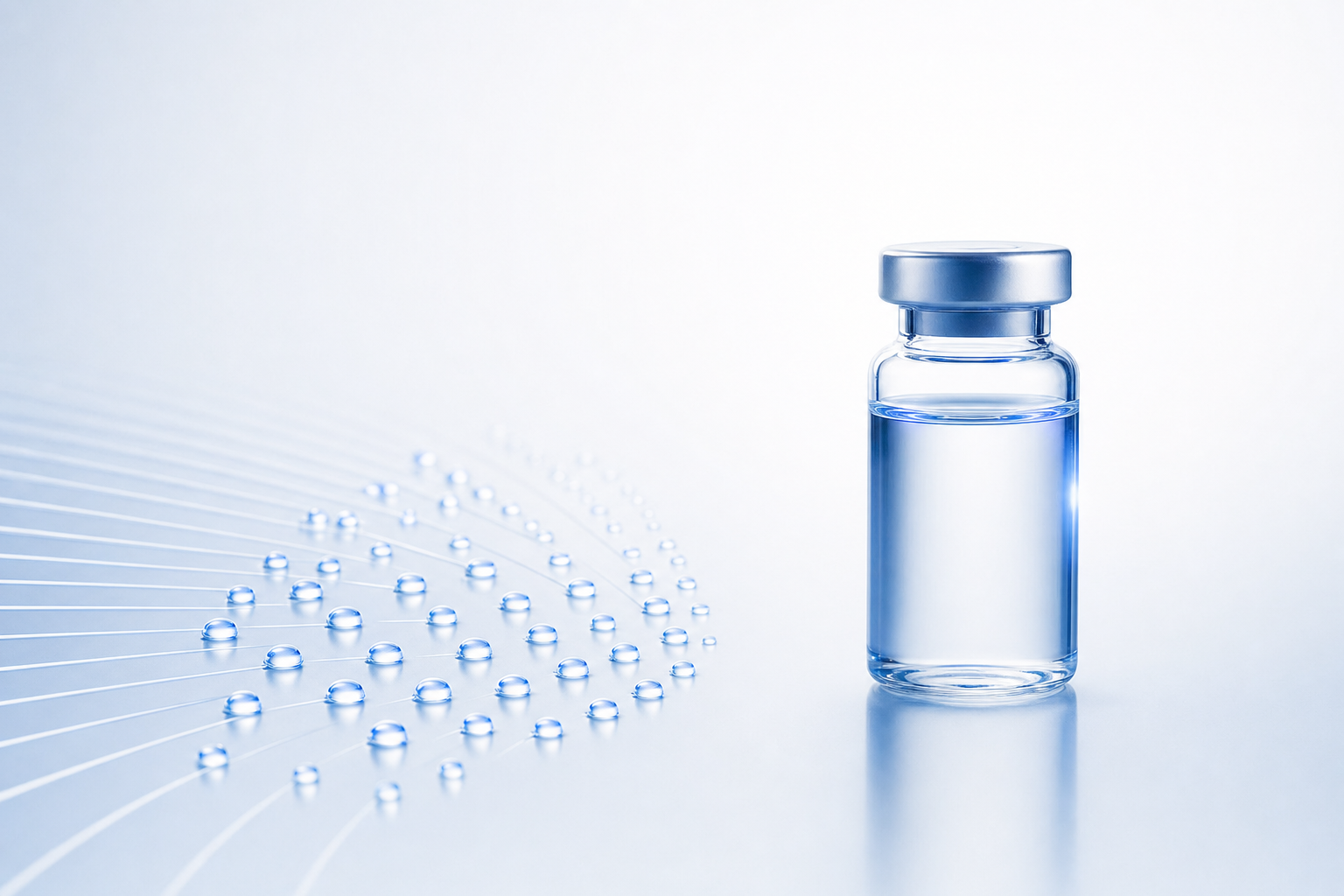 A fan of fine micro-injection droplet points beside a single clear serum vial