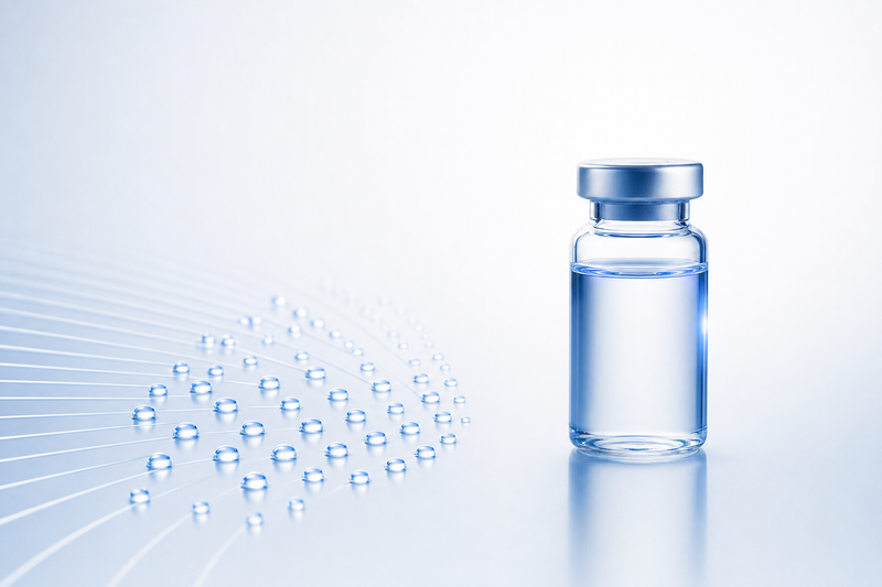 A fan of fine micro-injection droplet points beside a single clear serum vial
